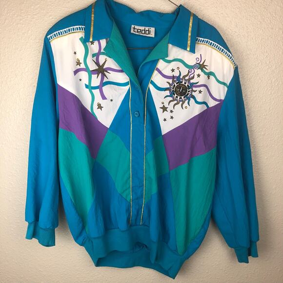 Vintage 80s Teddi Blue, Purple, Green Celestial Sun & Stars Pullover Top - Picture 2 of 9